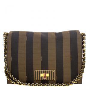 Pre Owned Fendi Brown Pequin Canvas Claudia Shoulder Bag