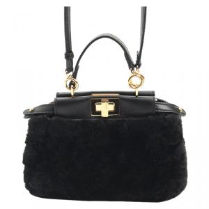 Pre Owned Fendi Black Shearling Fur Micro Peekaboo Satchel Bag