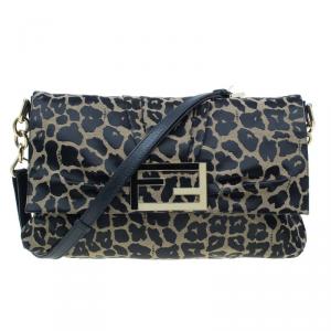 Pre Owned Fendi Black Canvas Animal Print Jacquard New Forever Flap Shoulder Bag