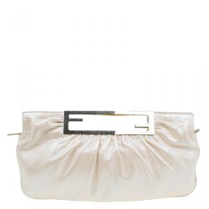 Pre Owned Fendi Metallic Beige Leather Cutout Handle Clutch