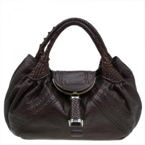 Pre Owned Fendi Brown Textured Leather Large Spy Hobo