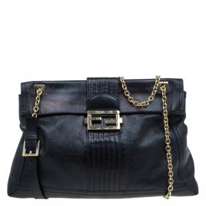 Fendi Black Metallic Leather Maxi Baguette Flap Shoulder Bag