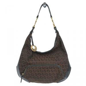Pre Owned Fendi Tobacco Zucchino Canvas/Leather Front Pocket Hobo