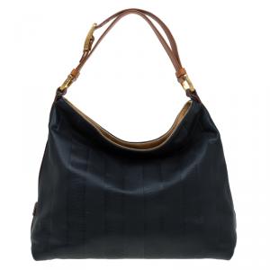 Pre Owned Fendi Black Leather Pequin Tonal Stripe Hobo 