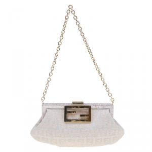Pre Owned Fendi Metallic Beige/Silver Zucchino Canvas Frame Chain Clutch