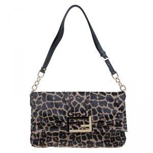 Pre Owned Fendi Bi Color Leopard Print Canvas New Forever Flap Bag