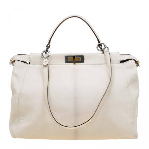 Pre Owned Fendi Beige LeatherLarge Peekaboo Top Handle Bag
