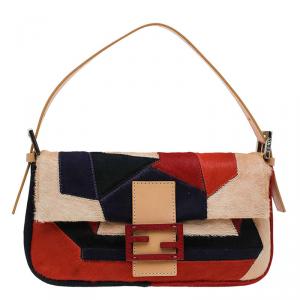 Fendi Multicolor Calf Hair Color Block Baguette Shoulder Bag
