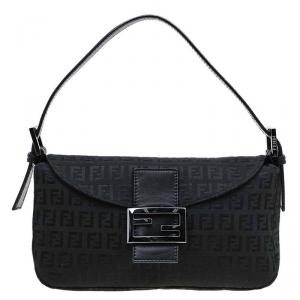 Fendi Black Zucchino Canvas Baguette Shoulder Bag