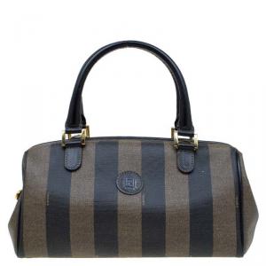 Pre Owned Fendi Tobacco Pequin Striped Coated Canvas Boston Bag