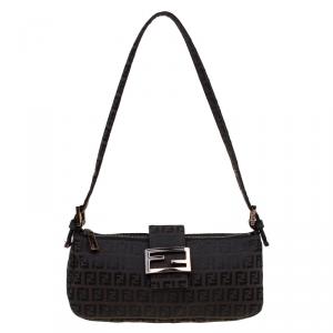 Pre Owned Fendi Choco Brown Zucchino Canvas Shoulder Bag