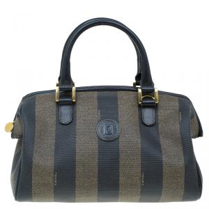 Pre Owned Fendi Tobacco Pequin Striped Coated Canvas Boston Bag