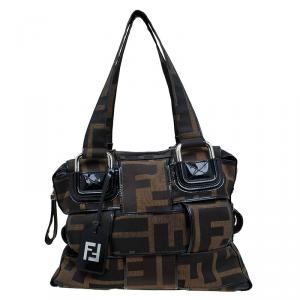 Pre Owned Fendi Tobaccon Zucca Canvas Woven Crossword Tote