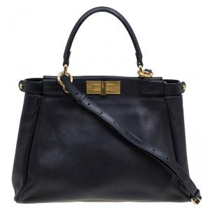 Pre Owned Fendi Black Leather Small Peekaboo Top Handle Bag