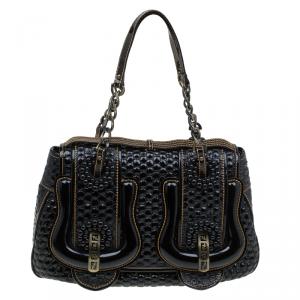 Pre Owned Fendi Black Bubble Patent Leather Trim B Bag