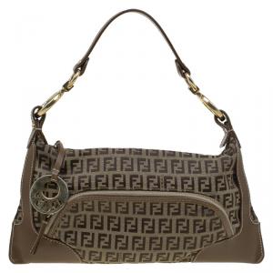 Pre Owned Fendi Tobacco Zucchino Canvas and Leather Front Pocket Shoulder Bag