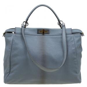 Pre Owned Fendi Grey Leather Python Lined Large Peekaboo Top Handle Bag