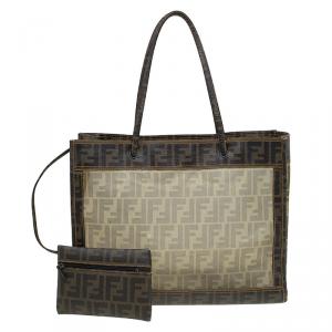 Pre Owned Fendi Tobacco Zucca Mesh and Coated Canvas Tote
