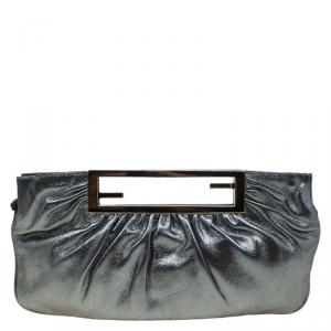 Pre Owned Fendi Metallic Grey Leather Cutout Handle Clutch