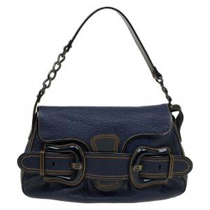 Pre Owned Fendi Navy Blue Pebbled Leather B Shoulder Bag