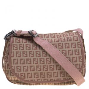 Pre Owned Fendi Beige/Pink Zucchino Canvas Crossbody Bag