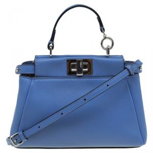 Pre Owned Fendi Powdered Blue Leather Micro Peekaboo Bag