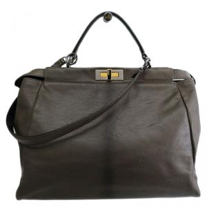 Pre Owned Fendi Dark Grey Leather Large Peekaboo Tote