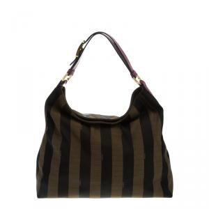 Pre Owned Fendi Brown/Purple Pequin Canvas and Leather Large Hobo