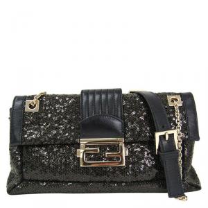 Fendi Black Sequin/Leather Baguette Chain Flap Bag