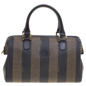Pre Owned Fendi Tobacco Pequin Coated Canvas Boston Bag

