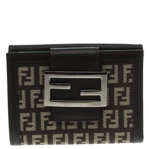 Pre Owned Fendi Dark Brown Zucchino Canvas and Leather Compact Wallet