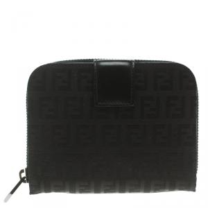 Pre Owned Fendi Black Zucchino Canvas Zip Around Compact Wallet
