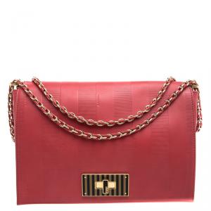 Pre Owned Fendi Red Leather Pequin Square Shoulder Bag