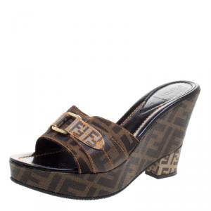 Pre Owned Fendi Tobacco Zucca Canvas Wedge Slides Size 38