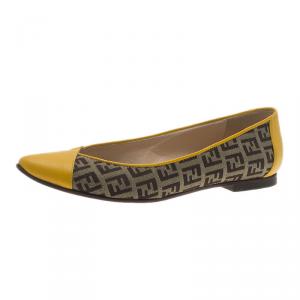 Pre Owned Fendi Brown and Yellow Zucchino Leather and Canvas Ballet Flats Size 36