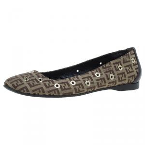Pre Owned Fendi Brown Zucchino Canvas Grommet Detail Ballet Flats Size 38