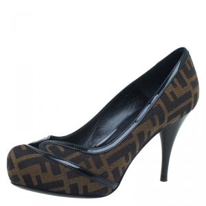 Pre Owned Fendi Tobacco Zucca Canvas and Leather Cutout Almond Toe Platform Pumps Size 37