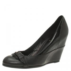 Pre Owned Fendi Black Leather and Patent Buckle Detail Wedge Pumps Size 39.5