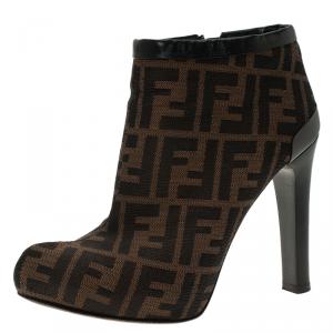 Pre Owned Fendi Brown Zucca Canvas and Leather Ankle Boots Size 38