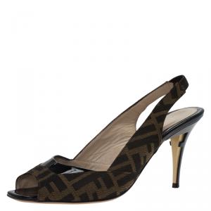 Pre Owned Fendi Brown Zucca Canvas and Leather Slingback Sandals Size 39