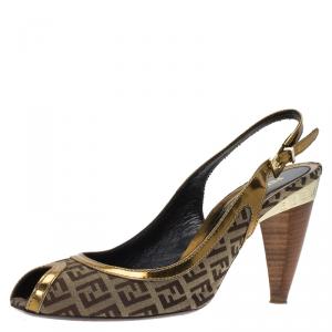 Fendi Gold Leather and Zucchino Canvas Peep Toe Slingback Sandals Size 40