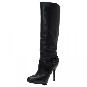 Pre Owned Fendi Black Leather B Buckle Knee Length Boots Size 39.5