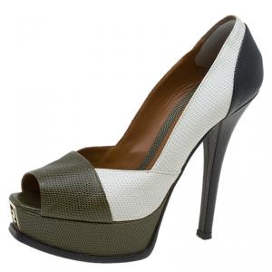 Pre Owned Fendi Tri Color Lizard Embossed Leather Fendista Peep Toe Platform Pumps Size 38