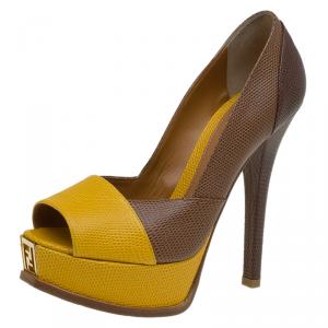Pre Owned Fendi Two Tone Lizard Fendista Peep Toe Platform Pumps Size 37