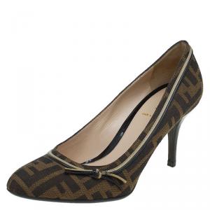 Pre Owned Fendi Brown Zucca Canvas and Leather Pumps Size 38.5
