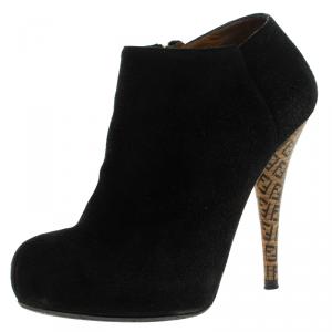 Pre Owned Fendi Black Suede Zucca Printed Pointed Heel Ankle Boots Size 36.5