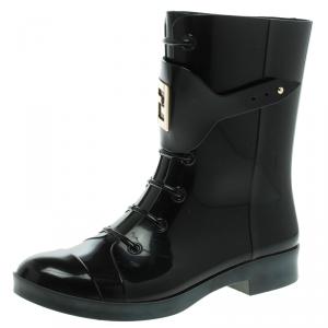 Pre Owned Fendi Black PVC Faux Lace-Up Rain Boots Size 40