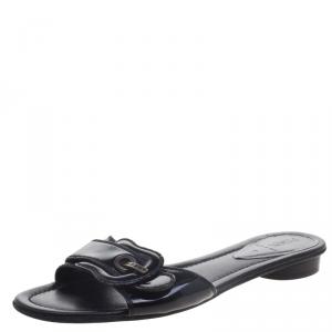 Pre Owned Fendi Black Patent Leather B Buckle Flat Slides Size 40