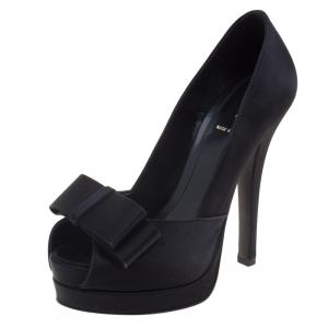 Pre Owned Fendi Black Satin Deco Bow Detail Peep Toe Platform Pumps Size 35.5