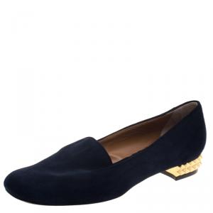 Pre Owned Fendi Dark Blue Suede Studded Heel Smoking Slippers Size 39.5